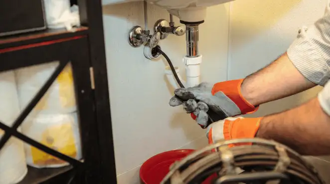 Drain cleaning technician using a motorized plumbing snake to clear a clogged sink pipe in Norfolk, VA